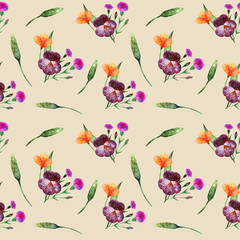 Watercolor wildflowers. Seamless pattern with bouquets and single flowers on a beige.