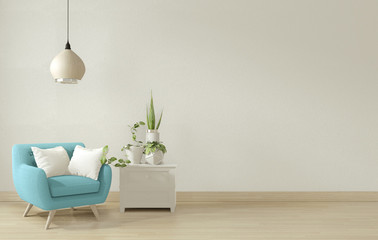 Interior poster mock up living room with blue armchair and decoration. 3D rendering.