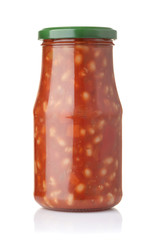 Jar of baked beans with vegetables in tomato sauce