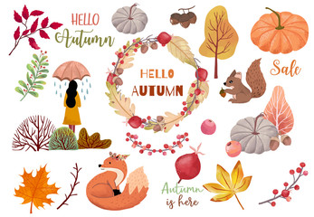 Autumn object collection with dry tree,squirrel,acorn,leaves,woman.Illustration for sticker,postcard,invitation,element website.Included hello fall and autumn sale wording © piixypeach