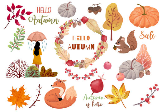 Autumn object collection with dry tree,squirrel,acorn,leaves,woman.Illustration for sticker,postcard,invitation,element website.Included hello fall and autumn sale wording