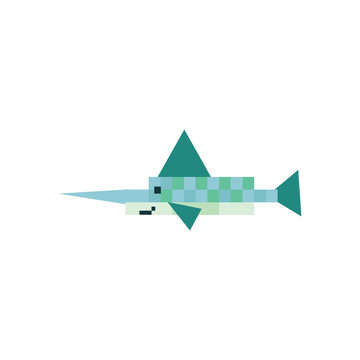 Cute Neo Mint Green 8 Bit Swordfish Vector Illustration. Sealife Pixel Clipart. 