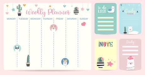 kid weekly planner with cactus,llama,star,heart.Vector illustration for calendar and schedule.Editable element - obrazy, fototapety, plakaty