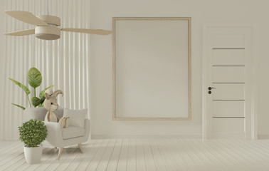 Mock up poster frame and white sofa on white living room interior.3D rendering