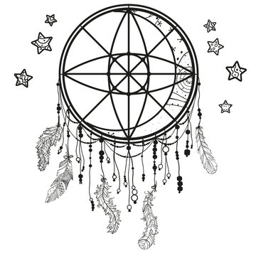 Dreamcatcher on white. Abstract mystic symbol. Design for spiritual relaxation for adults. Line art creation. Black and white illustration for coloring