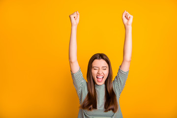 Photo of excited encouraged girl having finally divorced with her bad husband while isolated with...