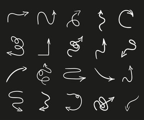 Infographic elements on isolated black background. Hand drawn wavy arrows. Line art. Set of different pointers. Abstract indicators. Black and white illustration