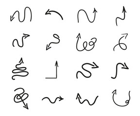 Infographic elements on isolated white background. Hand drawn simple arrows. Line art. Set of different pointers. Abstract arrow. Black and white illustration