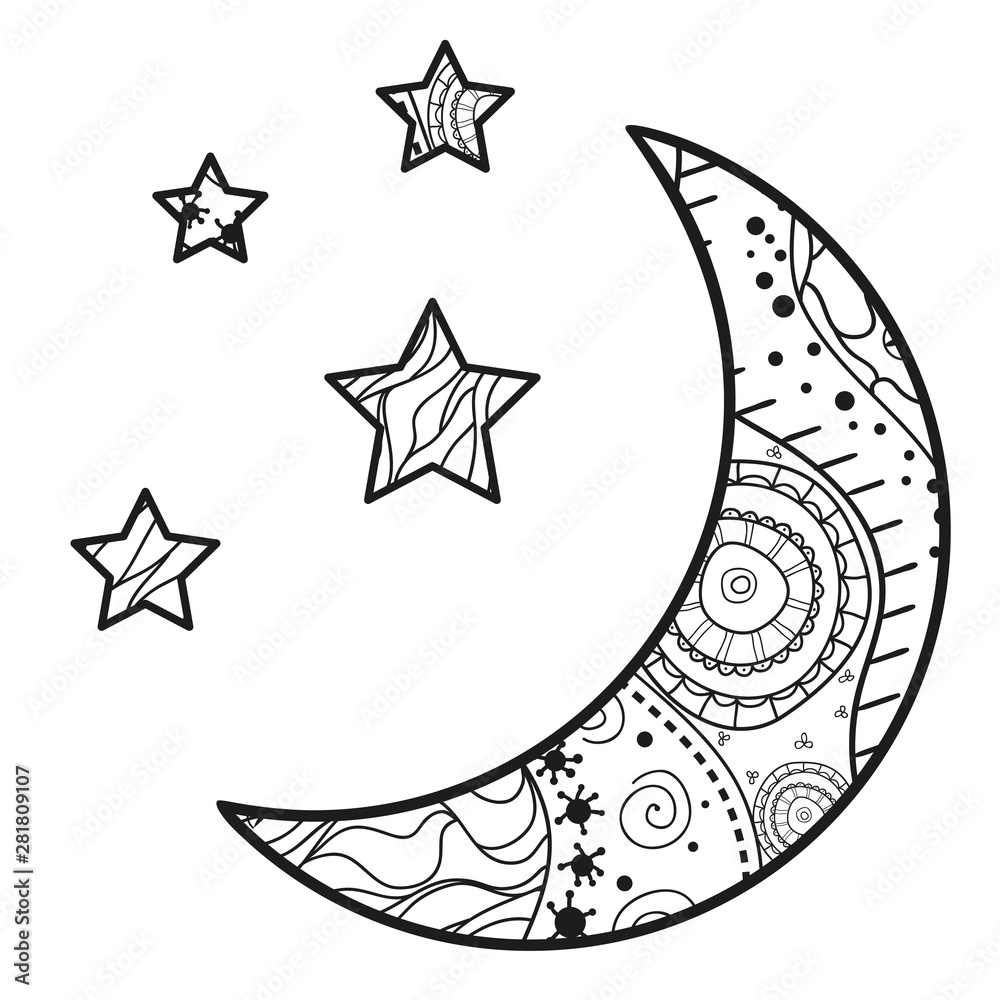 Sticker crescent moon with stars with abstract patterns on isolation background. design for spiritual relaxa