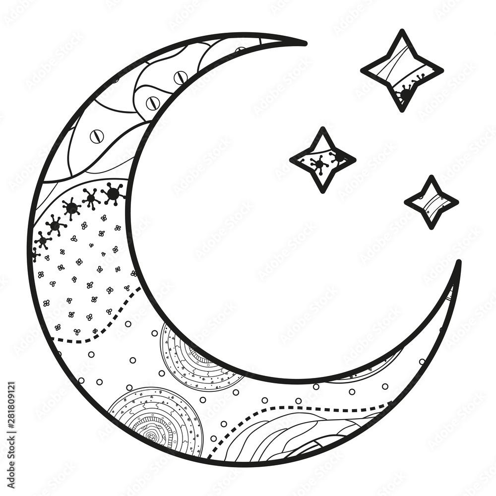 Wall mural crescent moon with stars with abstract patterns on isolation background. design for spiritual relaxa