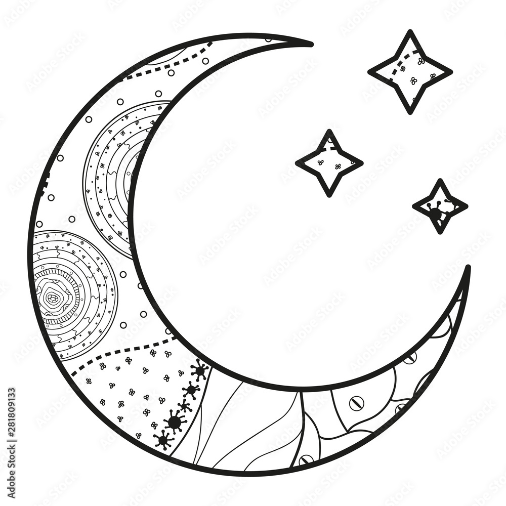 Wall mural crescent moon with stars with abstract patterns on isolation background. design for spiritual relaxa