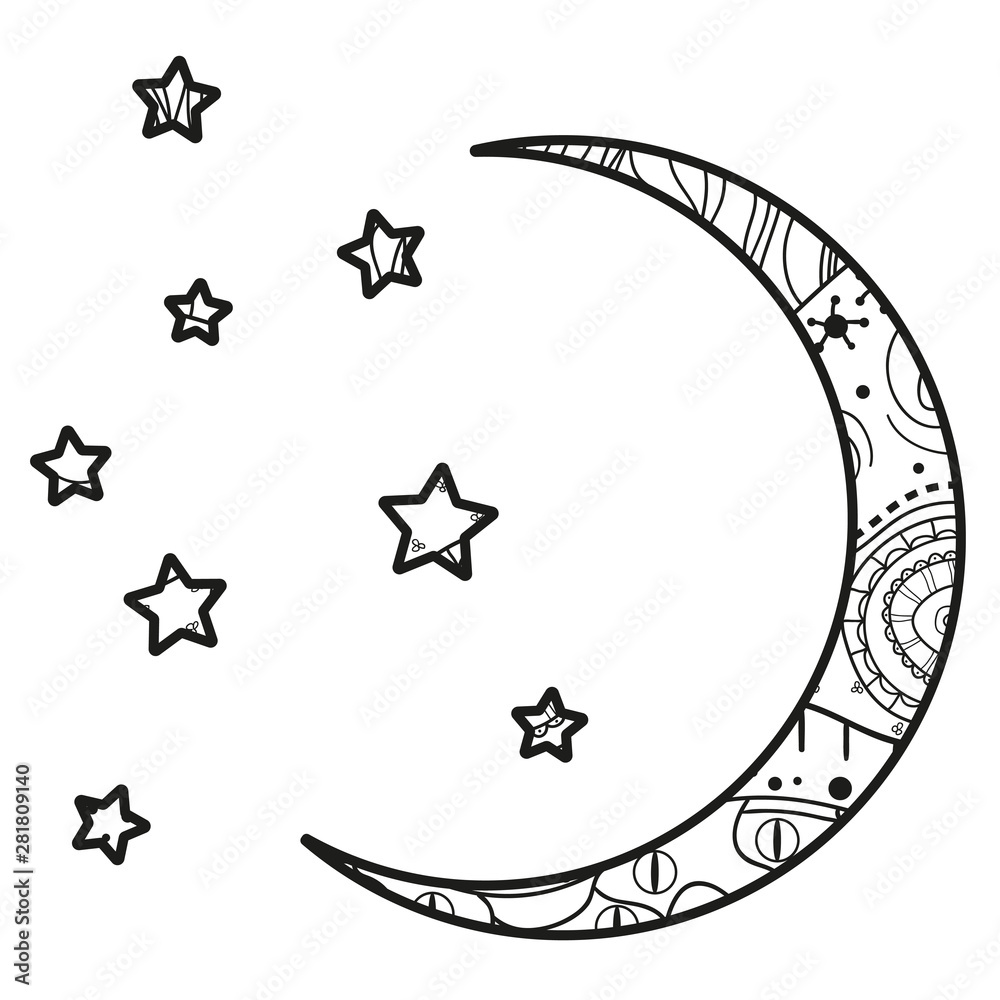 Wall mural crescent moon with stars with abstract patterns on isolation background. design for spiritual relaxa