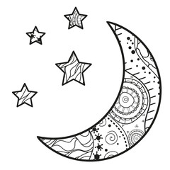 Crescent moon with stars with abstract patterns on isolation background. Design for spiritual relaxation for adults. Black and white illustration for anti stress colouring page
