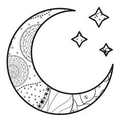 Crescent moon with stars with abstract patterns on isolation background. Design for spiritual relaxation for adults. Black and white illustration for anti stress colouring page