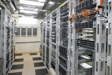 network server room with computers for digital tv ip communications and internet