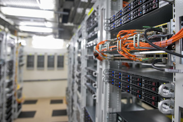 network server room with computers for digital tv ip communications and internet