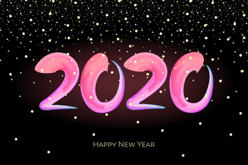 Happy New Year 2020 colorful hand drawn brushstroke oil acrylic paint lettering calligraphy celebration design template with snow. Vector poster illustration on black background