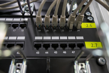 Fiber Optical connector interface. Fibre Channel swich. Severs computer in a rack at the large data center.