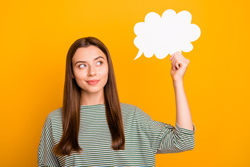 Photo of girl thinking over how to leave yellow background and be transferred to another one while...