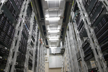 network server room with computers for digital tv ip communications and internet