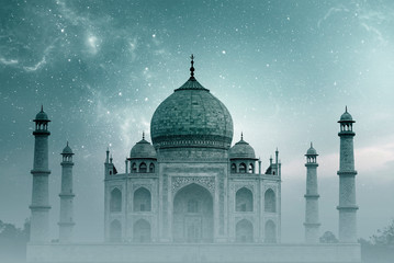 Taj Mahal India, night Sky with Stars and Fog over Taj Mahal in Agra - Powered by Adobe