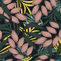 Abstract seamless pattern with colorful tropical leaves and plants on dark background. Vector design. Jungle print. Floral background. Printing and textiles. Exotic tropics. Summer.