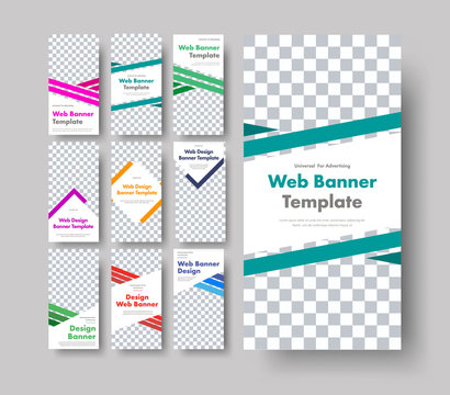 Dig set of white vertical web banners with space for graphic images and diagonal color design elements.