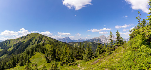 Panoramic view eisenerzer ramsau in the  Ennstaler Alps with surrounding summits  Kragelschinken, Hochkogel and Kaiderschild, Styria, Austria