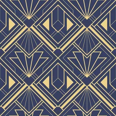 Printed roller blinds Blue gold Abstract art deco geometric tiles pattern on blue background