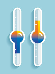 Thermometer in flat style, transition from cold to hot temperature, design element on color background. Vector design object 