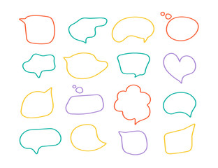 Set of contour frames for speech bubbles of different forms. Slogan stylized typography. Dialog windows with phrases: hello, thanks, love, yes, no, good day, happy, bye and more