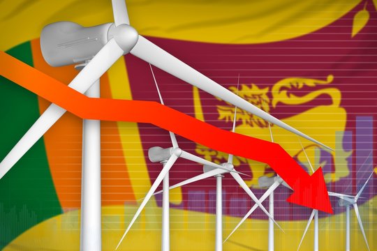 Sri Lanka wind energy power lowering chart, arrow down - modern natural energy industrial illustration. 3D Illustration