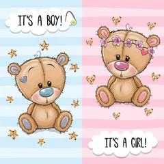 Fotobehang Greeting card with Cute Teddy Bears boy and girl © reginast777