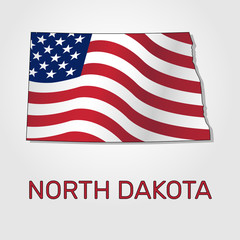 Map of the state of North Dakota in combination with a waving the flag of the United States. North Dakota silhouette or borders for geographic themes - Vector