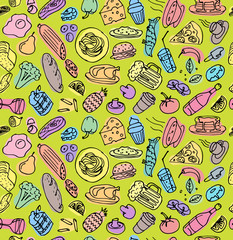 Various hand drawn food cookery dishes doodle outline colorful sketch seamless pattern on green background. Vector drawing cooking cartoon art illustration