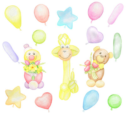 clown, bear, giraffe, balloons. cet,  is cute. Watercolor drawing. a balloon toy. Holiday card.