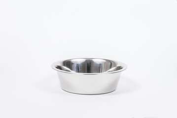 Empty pet Cup isolated on white background. Metal food and water bowl for cat or dog. Proper feeding of dry pet food. Copy space