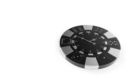Gambling Time - Black And White Casino Chip With Clock Arrows, Isolated On The White Background - 3D Illustration 