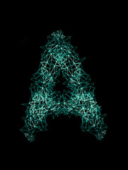 The letter A is made of high-tech rays, atoms, neutrons, and protons.