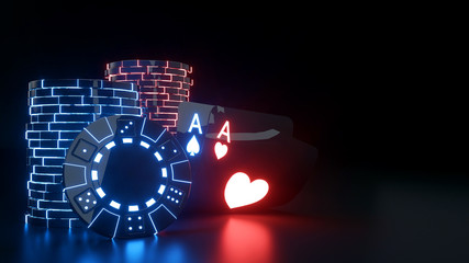 Fototapeta na wymiar Heart And Spade Aces With Casino Chips And Futuristic Glowing Neon Lights Isolated On The Black Background - 3D Illustration