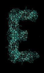 The letter E is made of high-tech rays, atoms, neutrons, and protons.