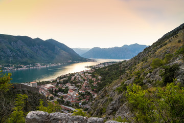 panoramic view of Kotor town in the eveningi n Montenegro