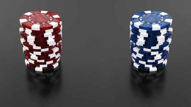 Red And Blue Casino Chips Isolated On The Black Background - 3D Illustration 