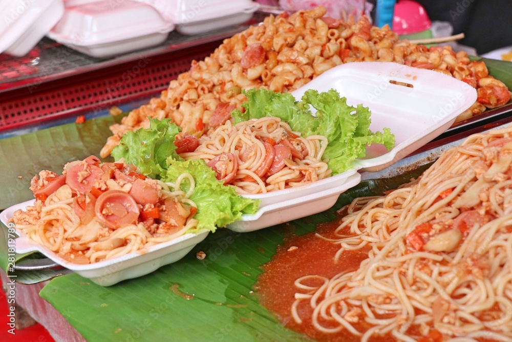 Sticker tasty spaghetti at street food