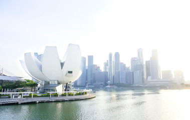 View of the Central Bay of Singapore and the skyscrapers at sunset