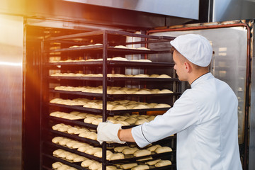 a baker carries a cart with a baking tray with raw dough into a baking oven. industrial oven in a...