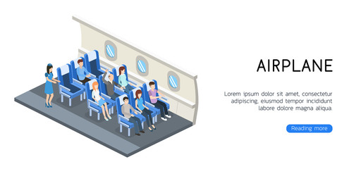 Isometric 3D vector illustration interior plane with passengers for landing page