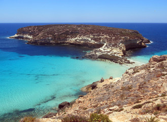 Fototapeta na wymiar Lampedusa island in Italy and the Island called Isola dei Conigl