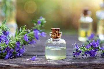 A bottle of hyssop essential oil with blooming hyssop