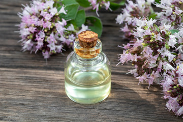 A bottle of essential oil with fresh oregano twigs